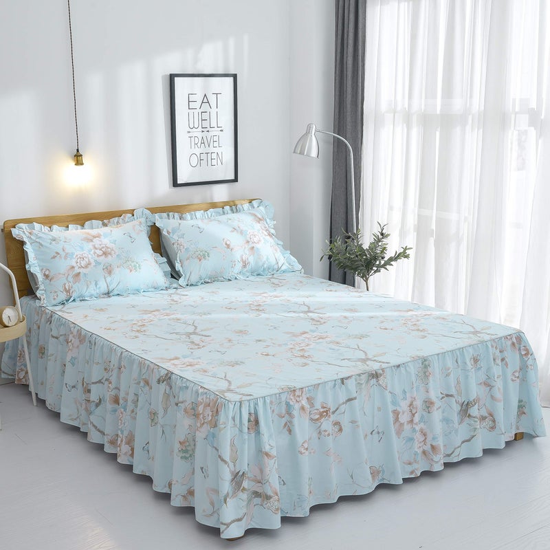 FADFAY Farmhouse Floral Bedding Shabby Blue Bird Print French Countryside Chic Bedding Set Luxury Bedskirt Collections 800 Thread Count 100% Egyptian Cotton, 4 Piece-King Size - Image 2